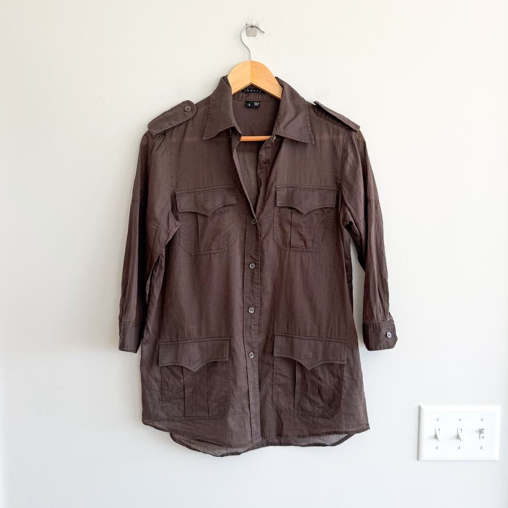Theory Cotton Pocket Utility Button Front 3/4 Sleeve Top Olive Brown S